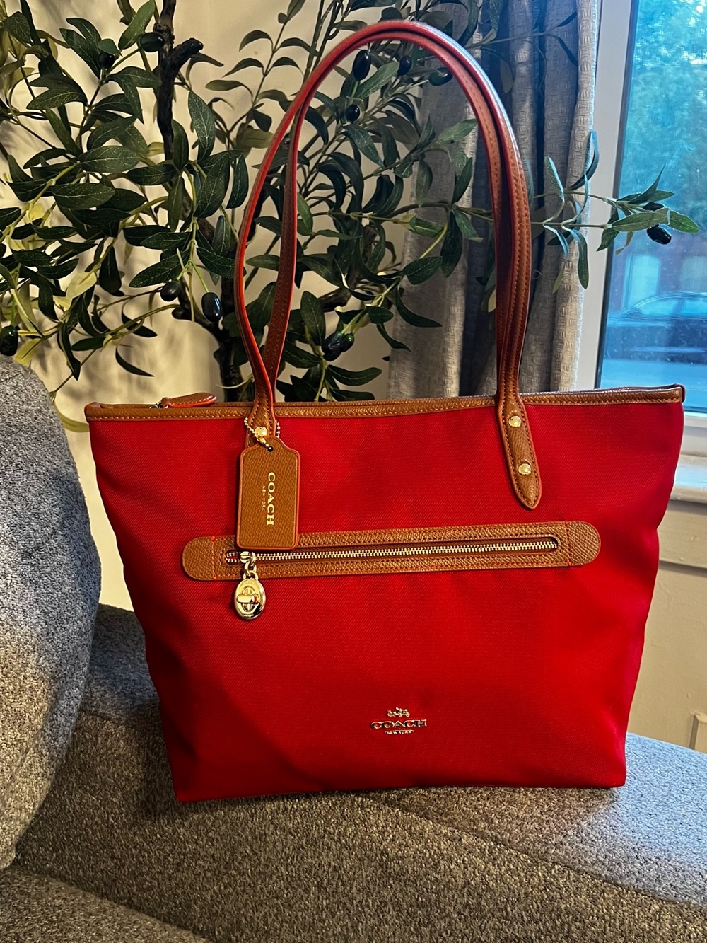 Coach Red Tote Bag with Leather Trim